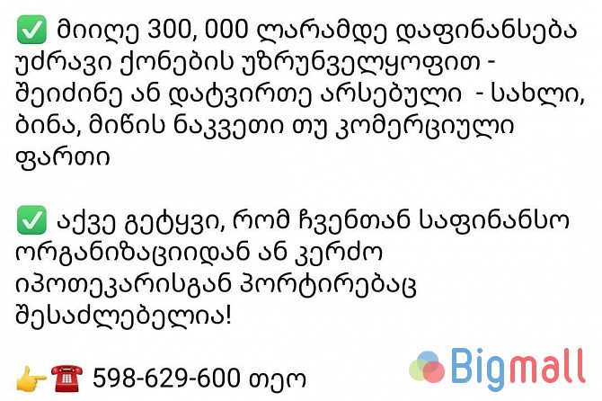 იპოთეკა 300000 ლარამდე კლებადი გრაფიკით - სურათი 1